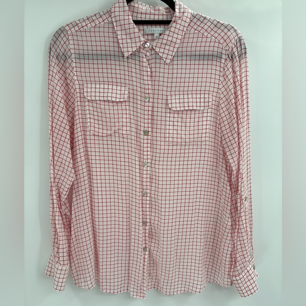 Foxcroft Women’s Blouse White Red Tencel Rolled Sleeve Gingham Button Up Size 10